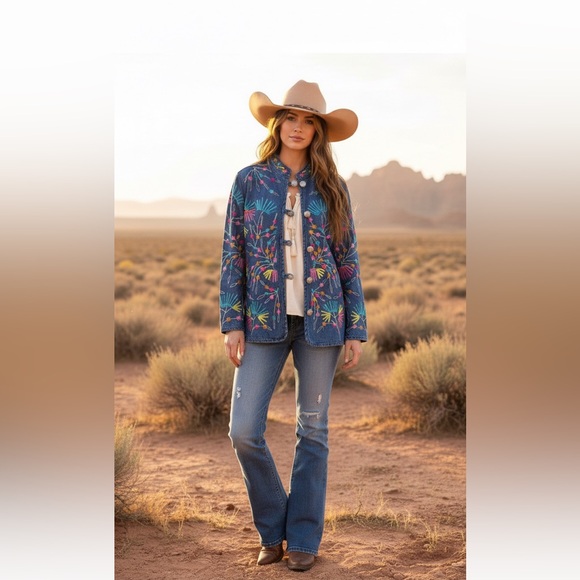 Jackets & Blazers - Vintage Floral Embroidered Light Denim Jacket Size Small Festival Boho Western